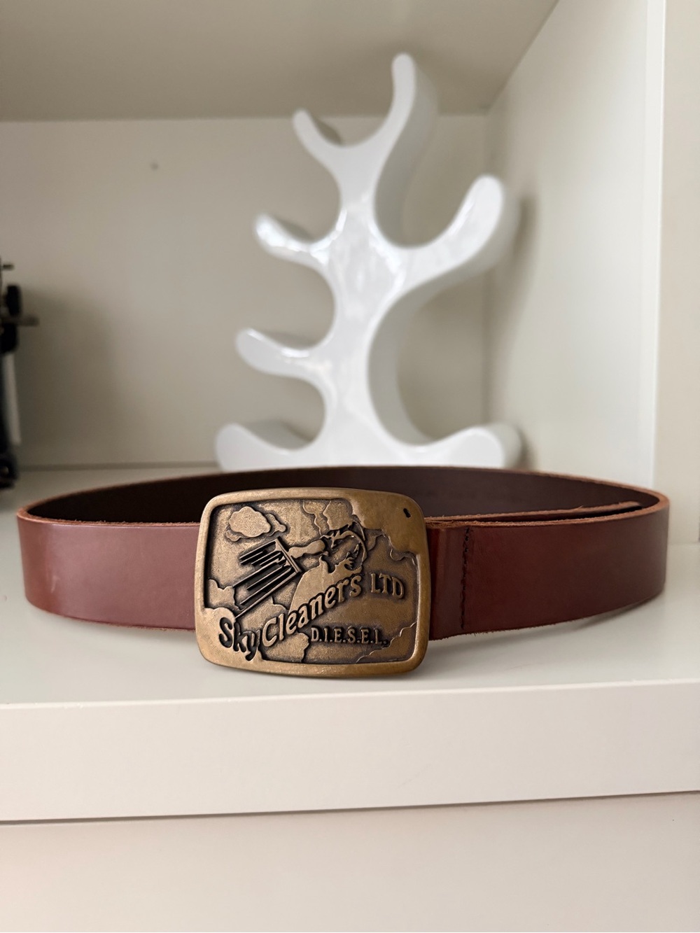 Vintage DIESEL Leather Brown Belt Size 90CM Made In Italy Gold Hardware Unisex